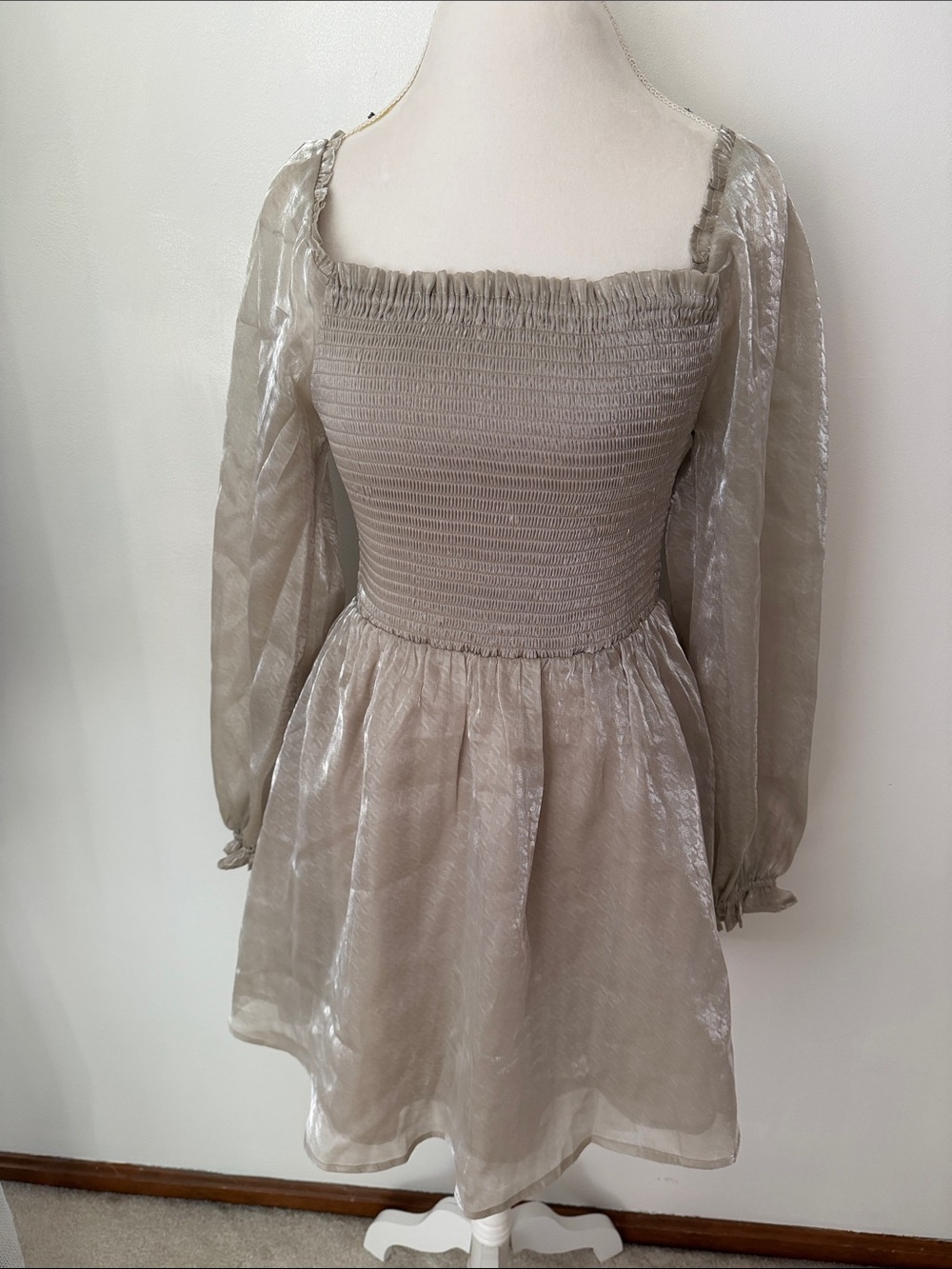 NWT, Wayf, Sheer Long Sleeve Smocked Mini Dress - Taupe Sz Lg